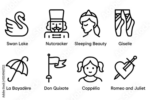 Ballet icons and famous productions in simple line art, vector illustration