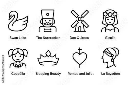 Iconic ballets collection featuring swan lake, the nutcracker, don quixote, and more, vector illustration