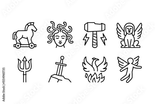 Mythological symbols and creatures including medusa, phoenix, and thor's hammer, vector illustration