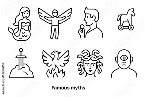 Mythical creatures and legends: mermaid, icarus, trojan horse, excalibur, phoenix, medusa, cyclops, vector illustration