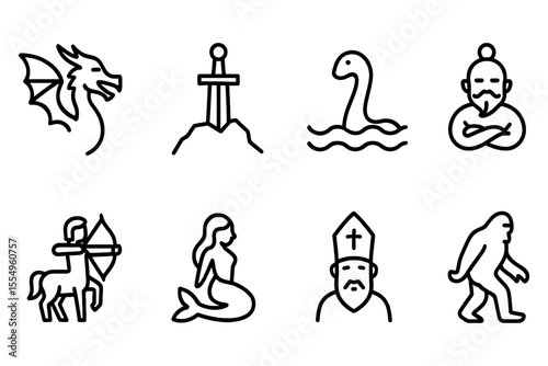Mythical creatures and legends line art icons featuring dragon, sword in stone, and more, vector illustration