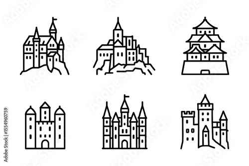Collection of medieval and asian castles in minimal line art style, vector illustration