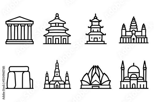 Iconic world landmarks collection featuring famous historical monuments, vector illustration