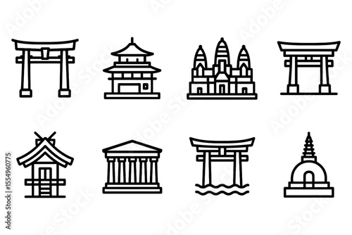 Iconic global architecture symbols featuring temples and shrines, vector illustration