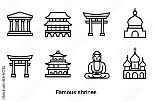 Iconic world shrines and temples vector set, landmark line art illustration, vector illustration