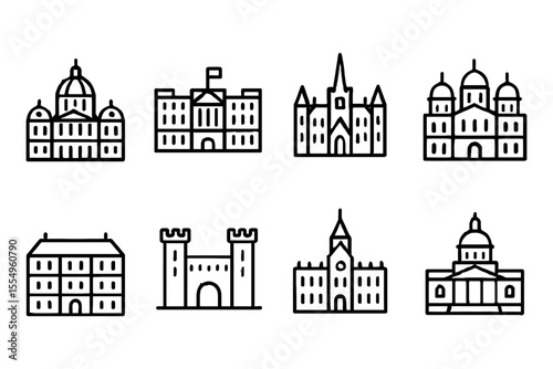Collection of iconic historical buildings in line art style, vector illustration