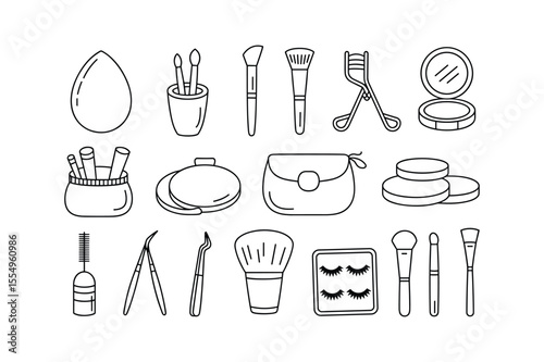 Black and White Makeup Icon Set Beauty Tools Brushes Sponges Cosmetic Bag vector