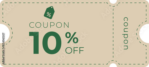 Stylish 10% discount coupon with a green and beige theme, ideal for sales, promotions, retail offers, and marketing campaigns. Perfect for commercial, e-commerce, or store advertising use.
