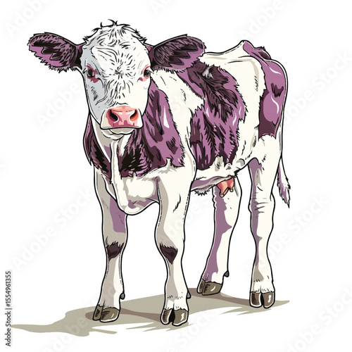 A Detailed Illustration of a Young Cow with Striking Purple and White Patterns