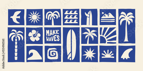 Beach and surf icon vector set with tropical elements like palm trees, waves, surfboards, and sun. Perfect for summer designs, t-shirts, posters, and coastal branding.