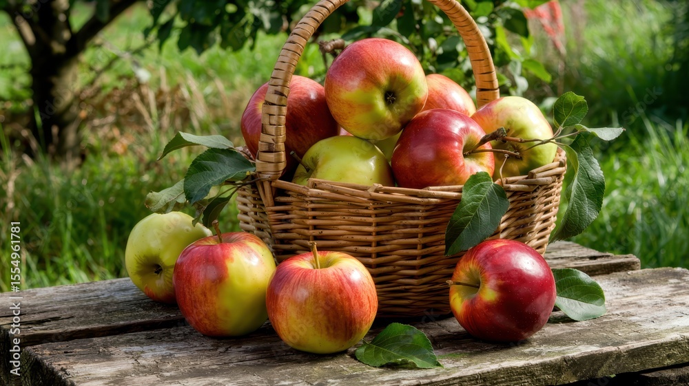 A wicker basket brimming with red, green, and yellow apples sits on a rustic wooden table in an orchard, surrounded by lush greenery and trees.
A wicker basket brimming with red, green, and yellow apples sits on a rustic wooden table in an orchard, surrounded by lush greenery and trees.