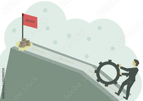 Businessman pushing gear uphill to success with money symbol