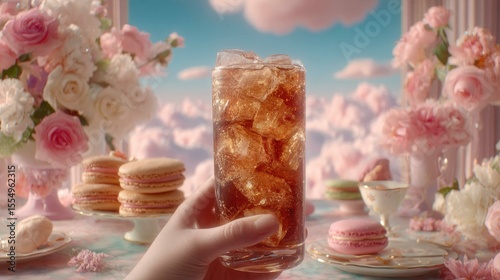 Iced coffee in a crystal glass with macarons and flowers set against a sunny garden view showcasing elegant interior design