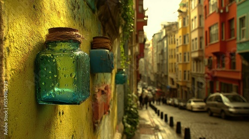 Old glass bottle glistening with water droplets against a warm wall in morning light with blurred street backdrop