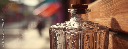 Old glass bottle glistening with water droplets against a warm wall in morning light with blurred street backdrop