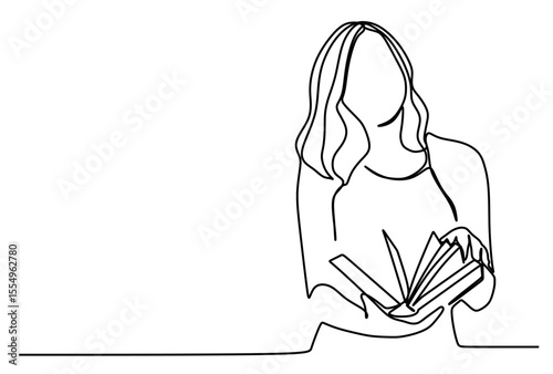 an image of a continuous line drawing of a woman reading a book. vector illustration of a student studying