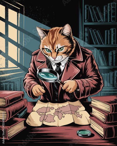 Ginger detective cat in trench coat, studying torn map, moody noir study, intriguing shadowy scene