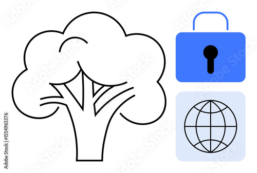 Tree, globe, and lock emphasize environmental protection, cybersecurity, and global communication. Ideal for environmental issues, sustainability, global safety, digital security eco-friendly