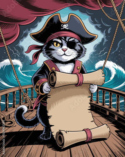 Pirate cat with eye patch on galleon deck, holding ancient manuscript, stormy ocean, dramatic adventure