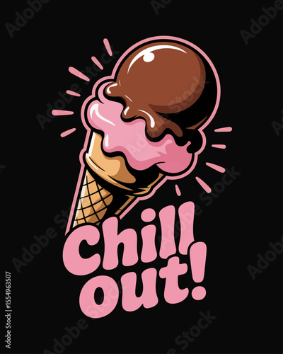 Whimsical ice cream cone with chocolate scoop, chill out text, black background, fun cartoon t-shirt design
