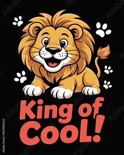 Playful cartoon lion with golden fur, king of cool text, black background, fun t-shirt design