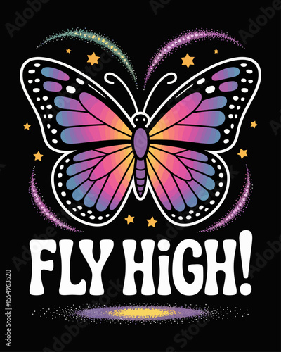 Stylized butterfly with iridescent wings, fly high text, starry black background, dreamy t-shirt design