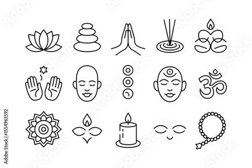 Black Line Art Icon Set Spirituality Wellness Yoga Meditation Symbols Lotus Candle Om