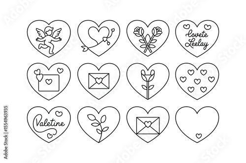 Black Line Art Valentine Hearts Icon Set Cupid Roses Flowers Letters valentines love