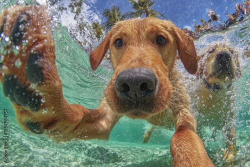 Two dogs swimming in the ocean with their paws in the water
