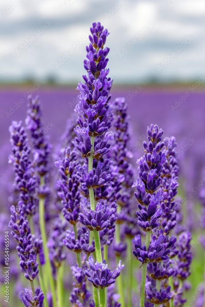 Obraz premium A field of lavender flowers with a cloudy sky in the background