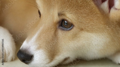 Cute corgi with big eyes lying on ground against light orange background, depicted in high-resolution watercolor digital art style