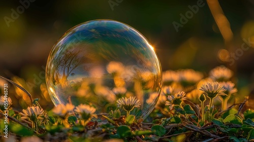 Sunrays illuminate white daisies and a bubble in a serene grassy setting