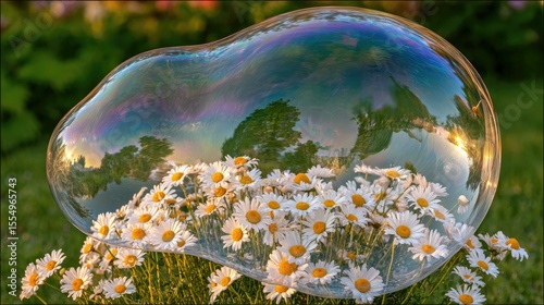 Sunrays illuminate white daisies and a bubble in a serene grassy setting