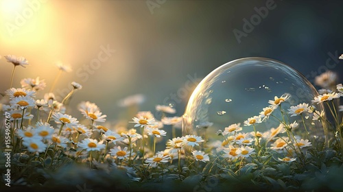 Sunrays illuminate white daisies and a bubble in a serene grassy setting