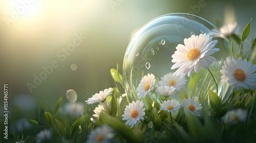 Sunrays illuminate white daisies and a bubble in a serene grassy setting