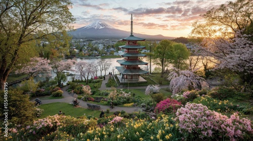 Cherry blossom tree in full bloom near ancient red wooden pavilion with Mount Fuji visible in the background during spring