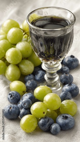 Vibrant blueberry juice enhances a warm atmosphere with fresh fruits and berries on a soft-lit table setting