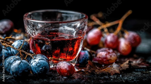 Vibrant blueberry juice enhances a warm atmosphere with fresh fruits and berries on a soft-lit table setting