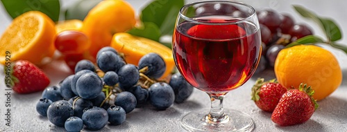 Vibrant blueberry juice enhances a warm atmosphere with fresh fruits and berries on a soft-lit table setting
