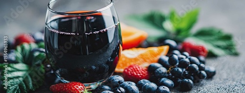 Vibrant blueberry juice enhances a warm atmosphere with fresh fruits and berries on a soft-lit table setting