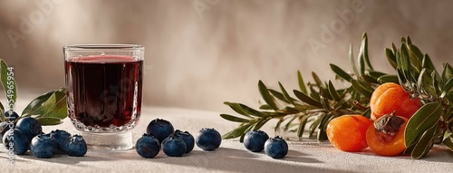 Vibrant blueberry juice enhances a warm atmosphere with fresh fruits and berries on a soft-lit table setting