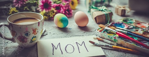 Celebrate Mother's Day with a heartfelt card, colorful art supplies, and a cozy coffee moment on a stylish tabletop