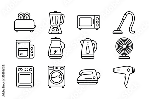 Black Outline Icon Set of Household Appliances Toaster Blender Microwave Vacuum Cleaner Coffee