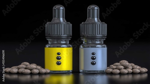 Elegant display of black and dark yellow skincare bottles with shimmering oil droplets creating a captivating aesthetic in a dimly lit setting