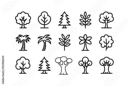 Black Outline Tree Icons Set Various Types of Trees Palm Trees Coniferous Trees Simple Line Art