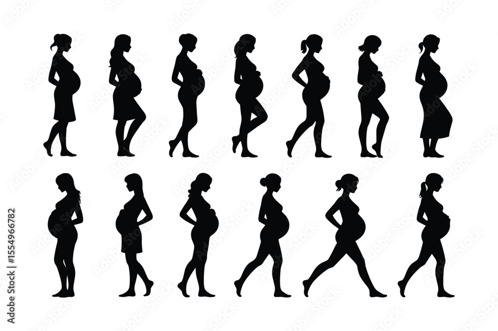 Obraz premium Black Silhouettes of Pregnant Women in Various Poses and Stages of Pregnancy Icon Set