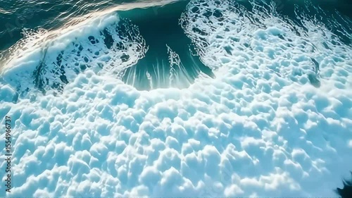 Spectacular aerial shot capturing an ocean wave breaking with white foam on a bright, sunny day