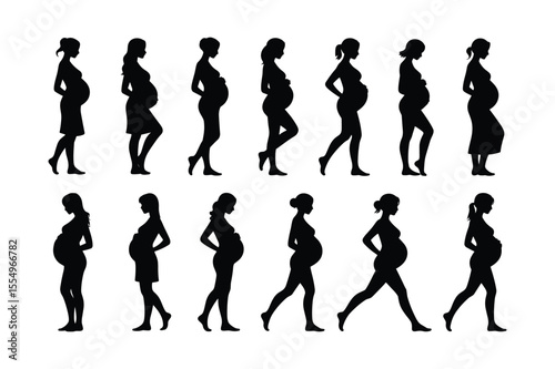 Black Silhouettes of Pregnant Women in Various Poses and Stages of Pregnancy Icon Set