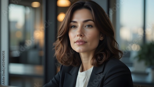 Wallpaper Mural A poised businesswoman, radiating confidence and elegance, gazes thoughtfully into the distance, her expression serene and composed in a modern office setting. Torontodigital.ca