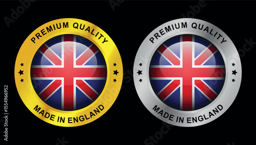premium quality made in england badges with union jack flag in gold and silver circular design	
